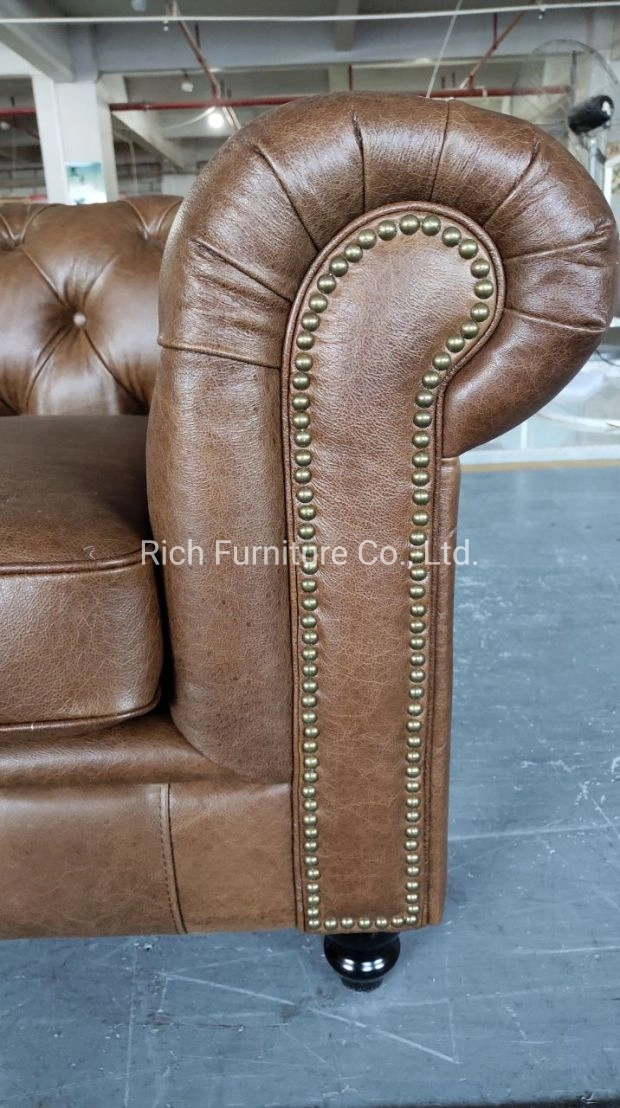 Living Room Brown Classic Leisure Chesterfield Sofa Couch with Leather PU Wood Legs Copper Nails Loveseat Hotel Office Event