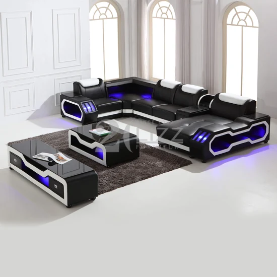 Europäisches modernes Sofa-/Couch-Set aus echtem Leder mit LED-Leuchten