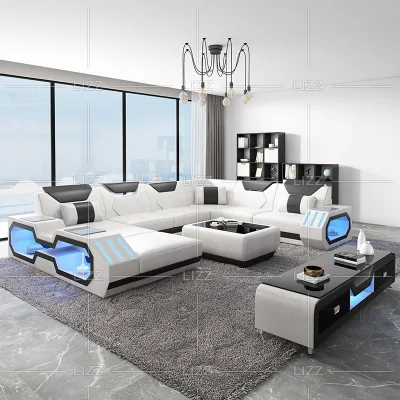 Fashion Home Furniture Wohnzimmer LED U-förmiges Ecksofa aus echtem Leder